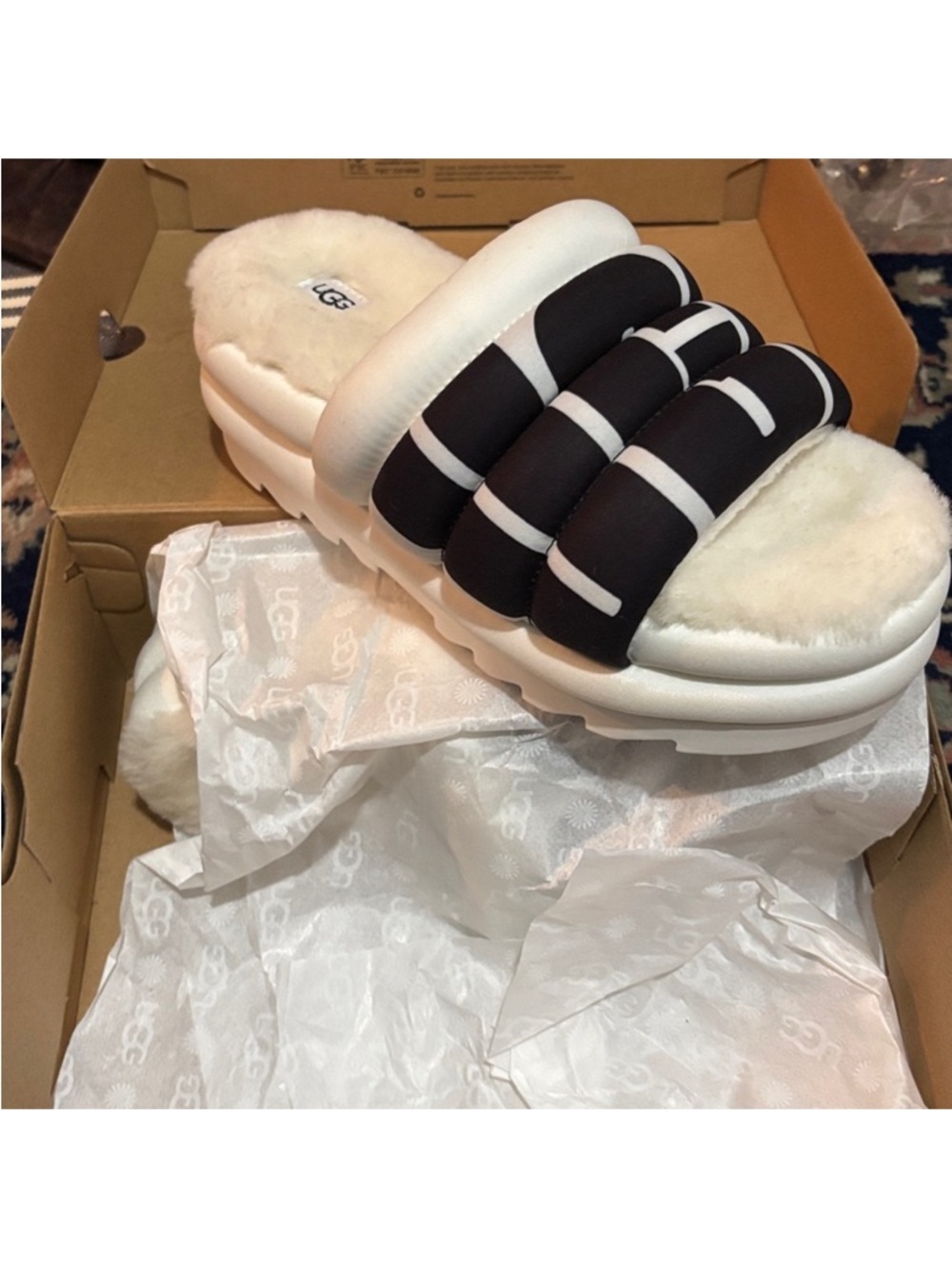 UGG Black and White Platform Slides